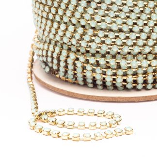 Rolo Corrente de Strass SS29 Verde Água Leitoso Dourado - 20 Metros